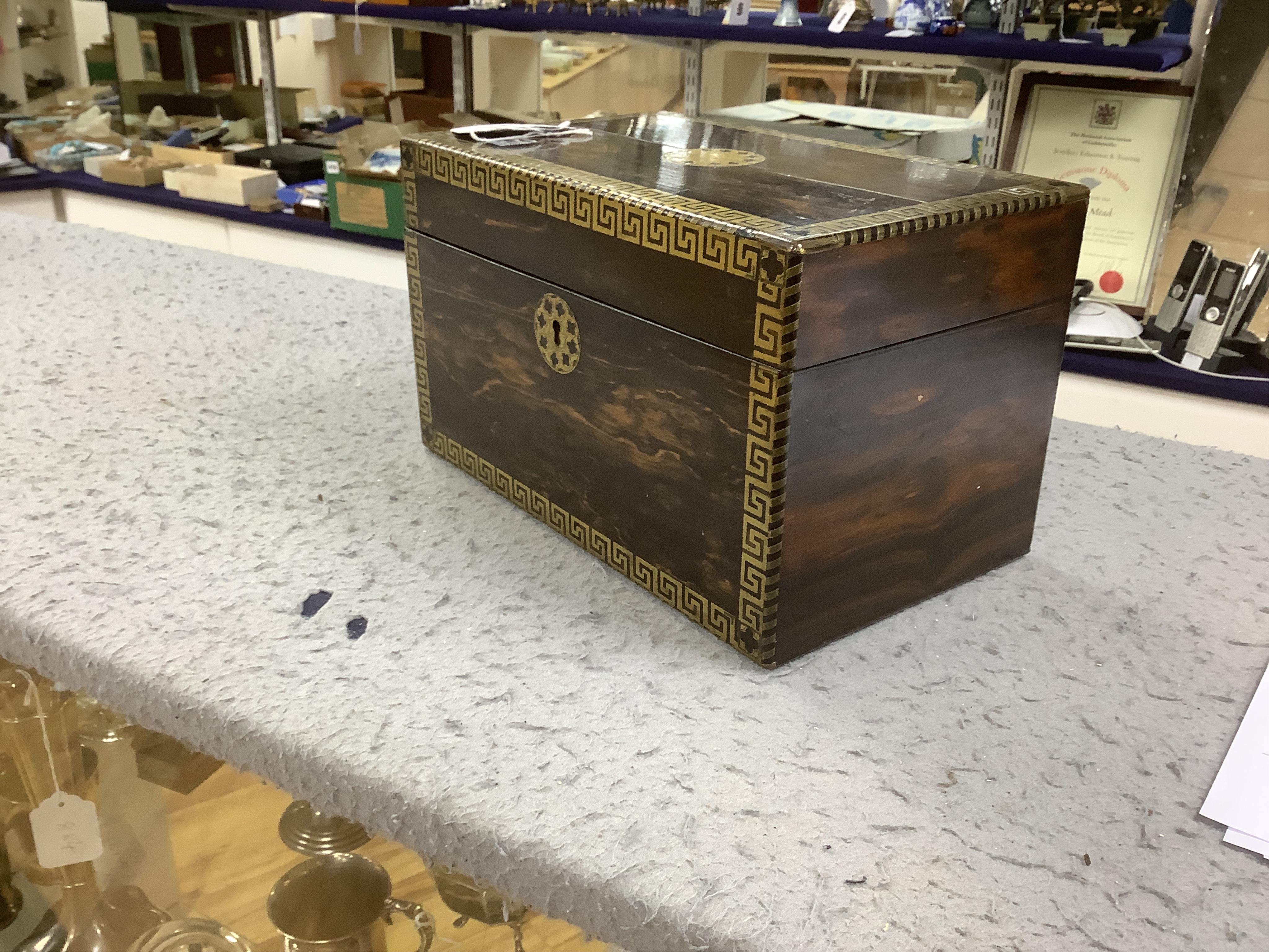 An early 19th century brass inlaid coromandel tea caddy with birch lining, 25cm wide. Condition - fair